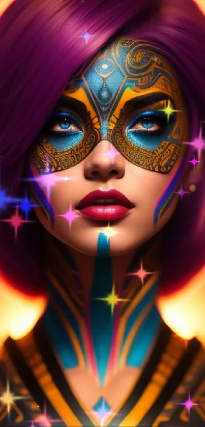 Colorful cyber mask portrait with purple hues and intricate design.