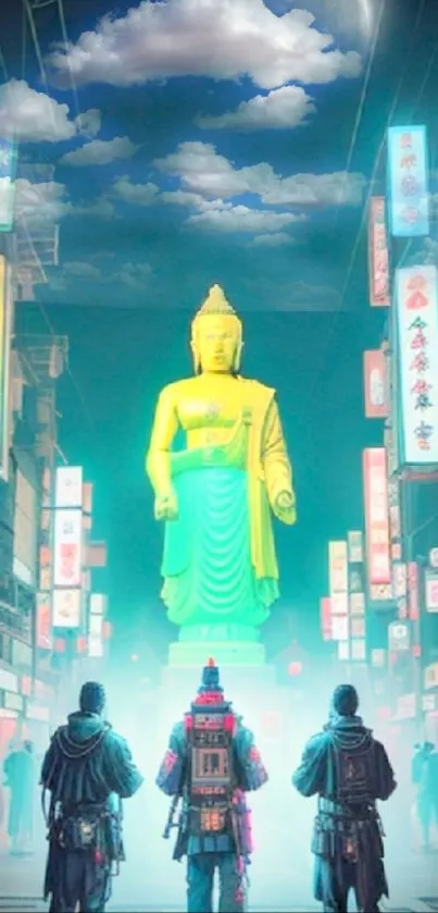 Futuristic cyberpunk scene with neon Buddha and street ambiance.