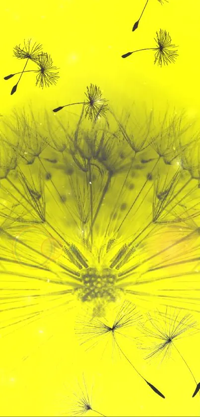 Vivid yellow dandelion with floating seeds, perfect for a lively phone wallpaper.