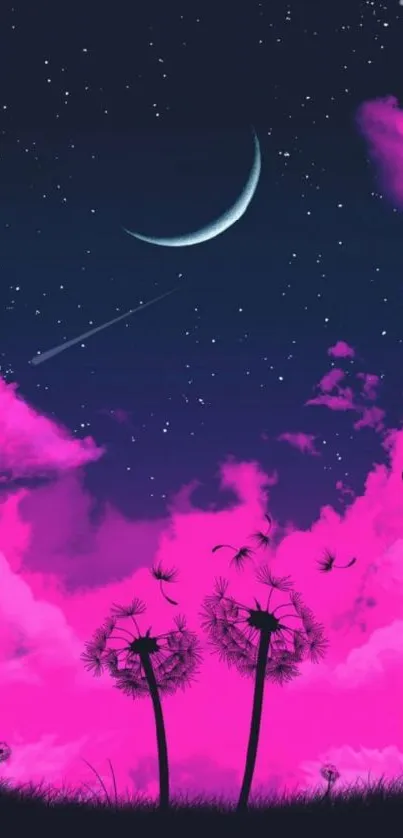 Vivid pink and black dandelion night sky wallpaper for mobile.