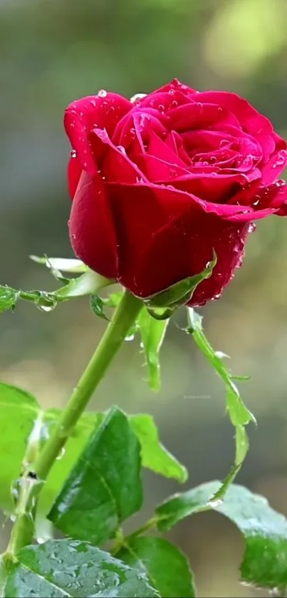 Dew-covered red rose with vibrant green leaves on a natural background.