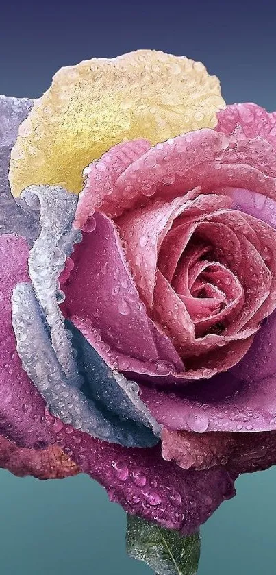 Colorful rose with dewdrops on petals, vibrant and elegant.