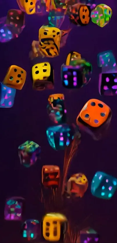 Floating colorful dice against a dark purple background.