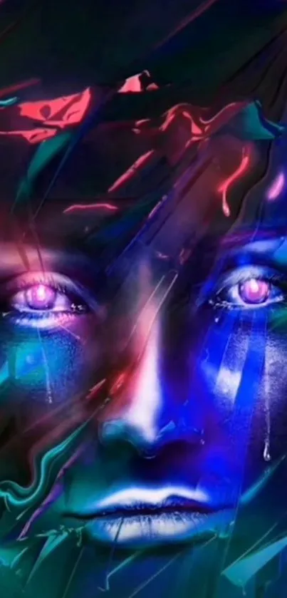 Surreal digital art with a colorful face and glowing eyes.