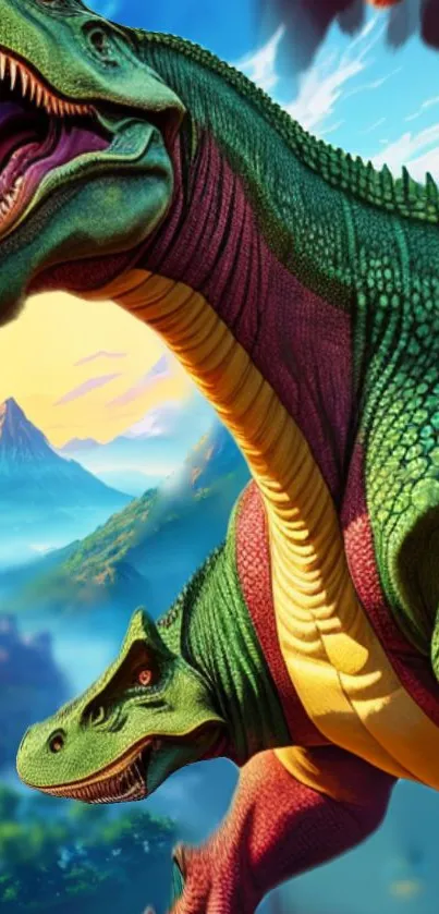 Vivid mobile wallpaper featuring dinosaurs in a colorful landscape.