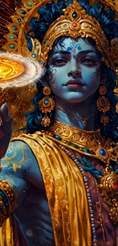 Vibrant divine artwork with gold and blue hues, ideal for phone wallpaper.