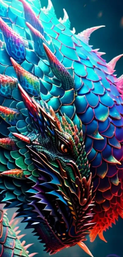 Vibrant teal dragon with colorful scales in fantasy art style.