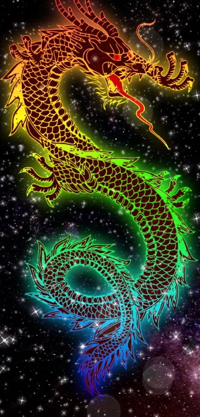 A colorful dragon illustration in space with a starry background for mobile wallpaper.