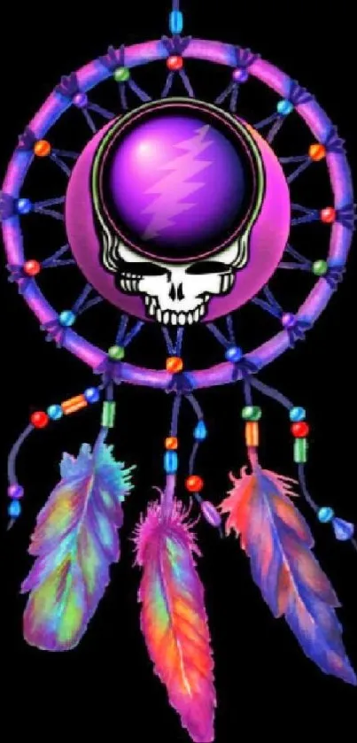 Colorful dreamcatcher with a skull on black background.