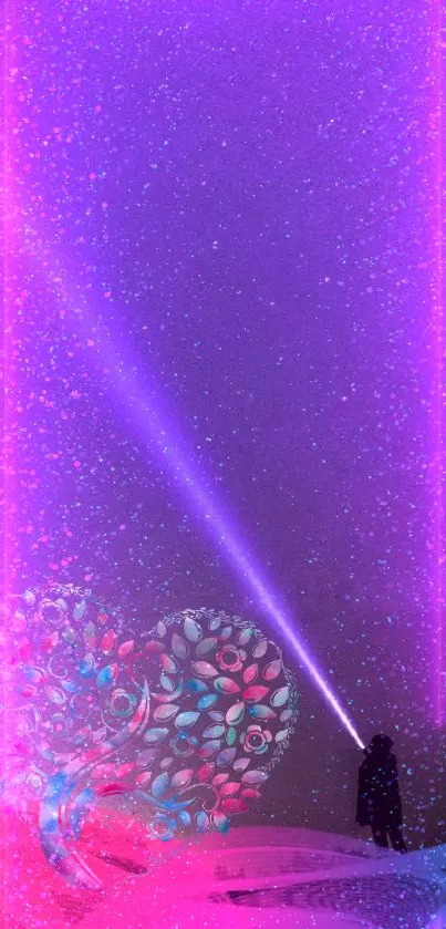 Mobile wallpaper with a neon heart and purple glow.