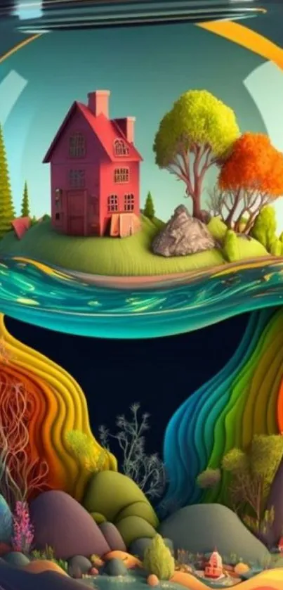 Colorful jar landscape with house and trees.