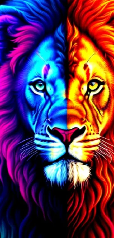 Vivid dual-toned lion art with blue and orange colors, perfect for mobile wallpaper.