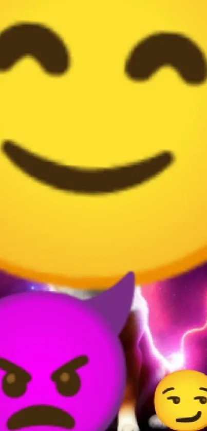 Vivid emojis set against a purple galaxy background on mobile wallpaper.