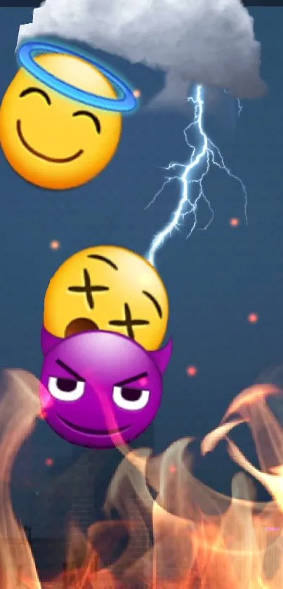 Three emojis with lightning and fire on dark blue background.