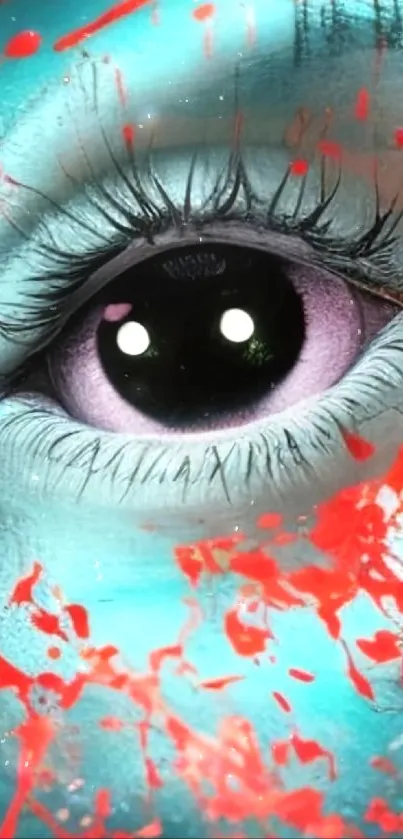 Vivid eye art with cyan and red splash on wallpaper.