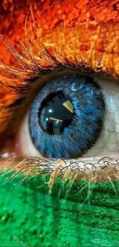 Close-up of a vibrant colored eye with blue iris and orange-green hues.