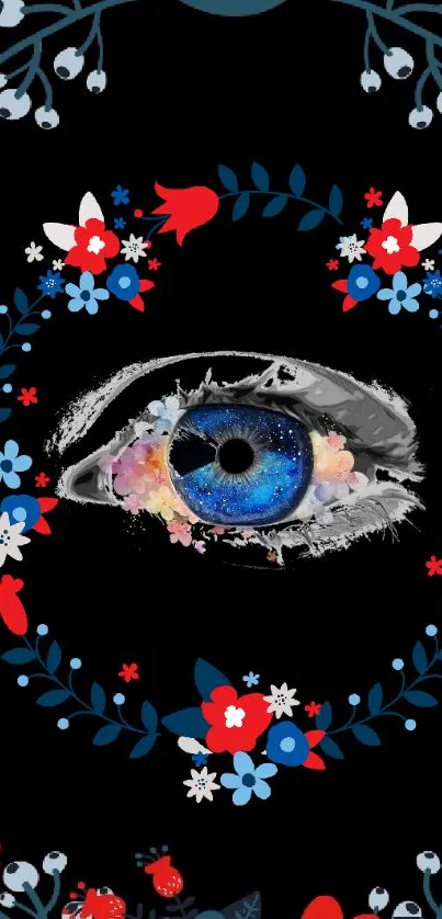 Floral wreath surrounds a blue eye on a black background.