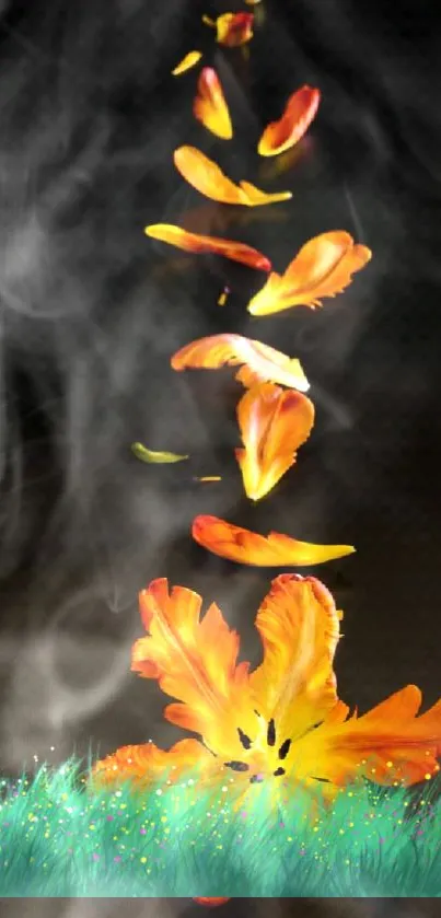 Vibrant orange petals falling with smoky background.