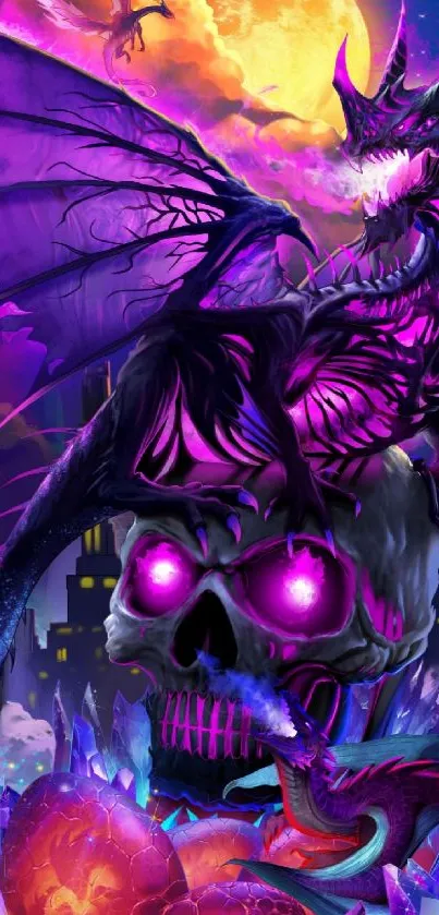 Purple dragon on a skull with crystals in a fantasy night sky.