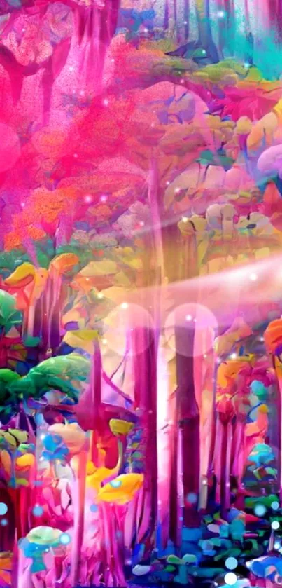 Vivid pink and green fantasy forest art.