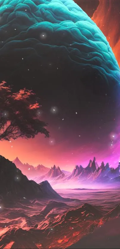 Vivid fantasy landscape with a colorful planet and a tree on a floating island.