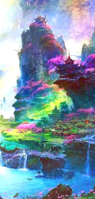 Fantasy landscape with vibrant colors and mystical mountains.