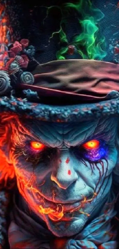 Vivid Mad Hatter wallpaper with glowing eyes.