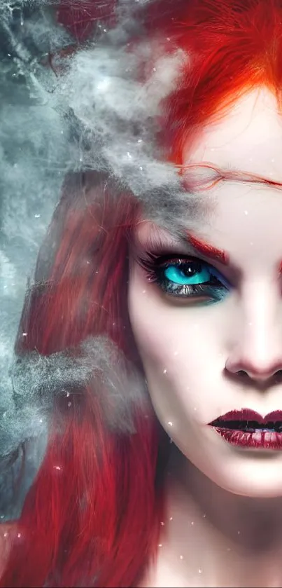 Fantasy artwork with red-haired woman and blue eyes, surrounded by ethereal smoke.