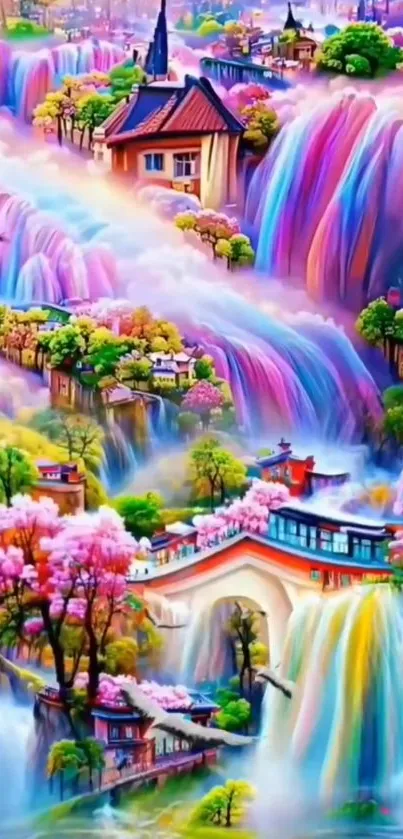 Vivid fantasy waterfall with colorful trees and enchanting buildings.