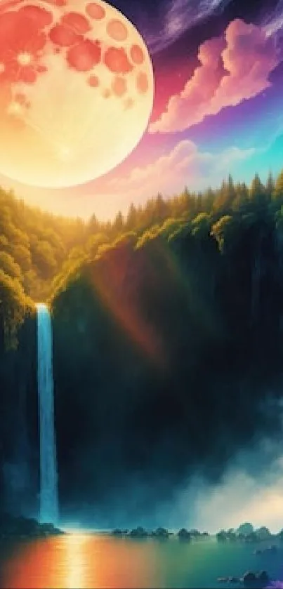 Fantasy landscape with waterfall and rainbow on mobile wallpaper.