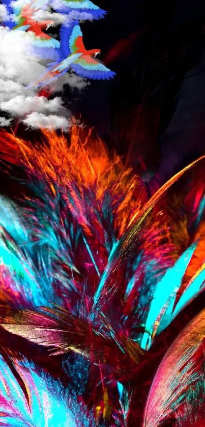 Colorful feather abstract wallpaper with clouds and birds.