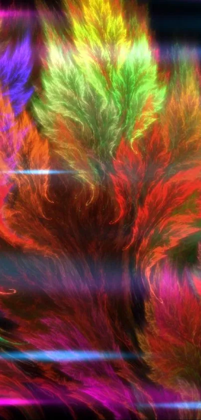 Vivid abstract feather art on black background.