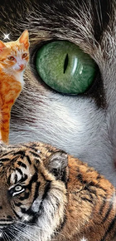 Vivid wallpaper featuring a green-eyed cat, tiger, and ginger cat collage.