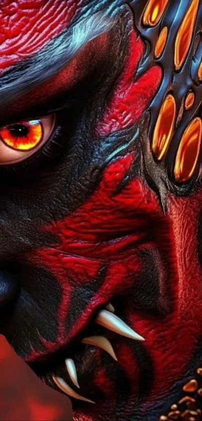 Detailed vibrant demon face with fiery colors and sharp features.
