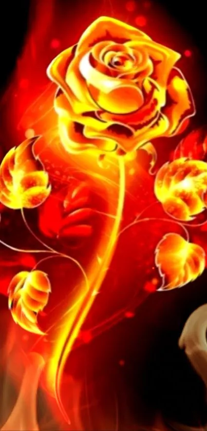 Vibrant fiery rose with swirling flames on phone wallpaper.