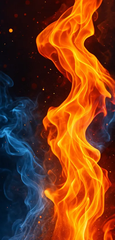Wallpaper featuring vivid blue and orange flames.