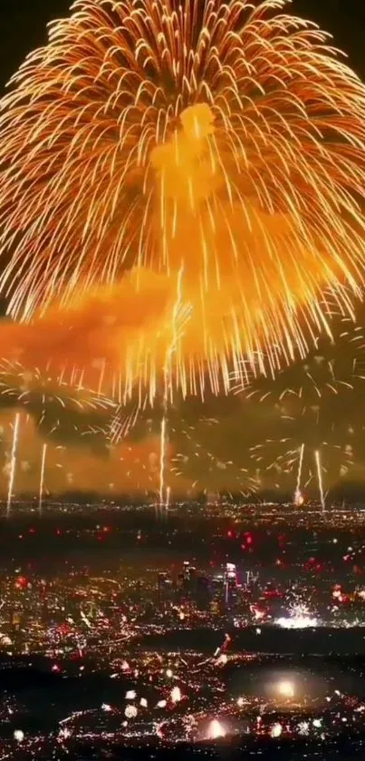 Colorful fireworks explode above a bustling city skyline at night.