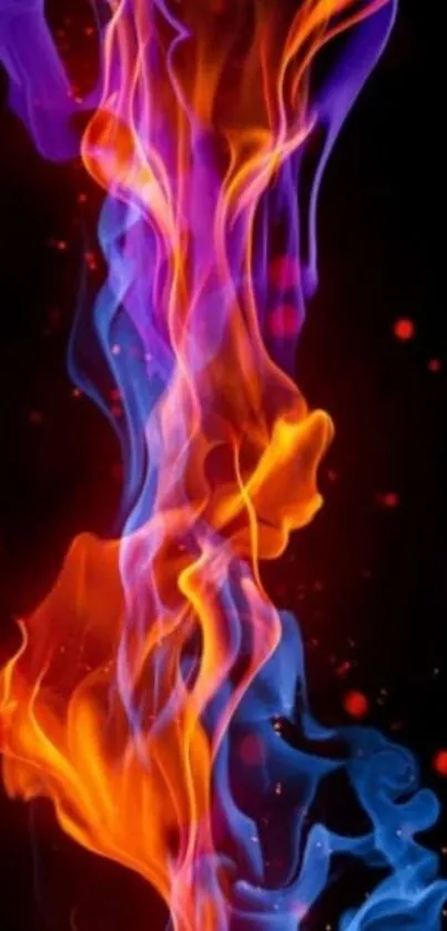 Vivid abstract flames in purple, orange, and blue on a dark background.