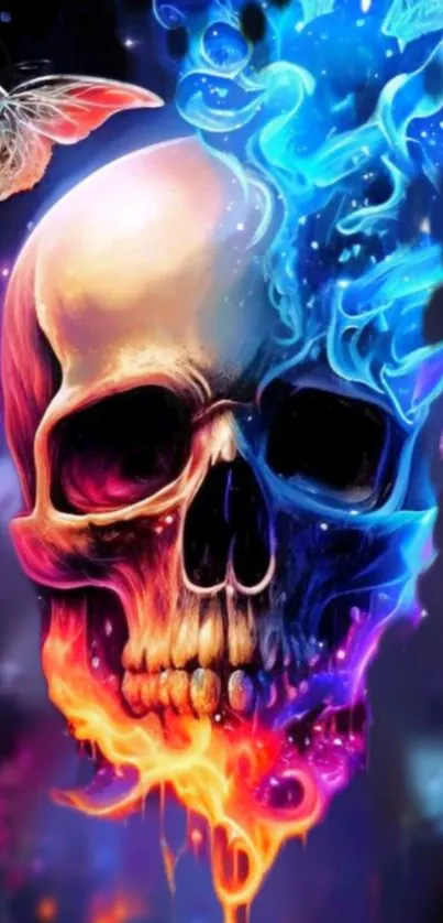 Vibrant skull with flames and ice adorned by butterflies, perfect for phone wallpaper.