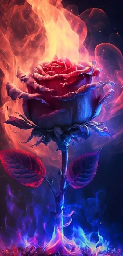 Stunning wallpaper of a glowing rose engulfed in vibrant flames and colorful hues.