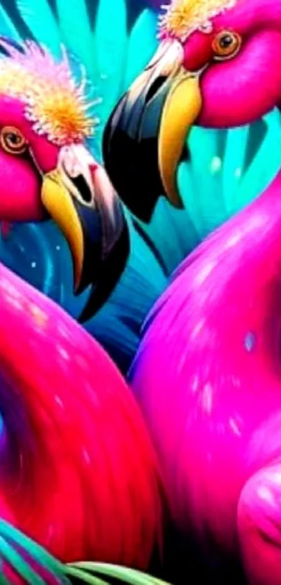 Vibrant artwork of two flamingos with vivid colors.