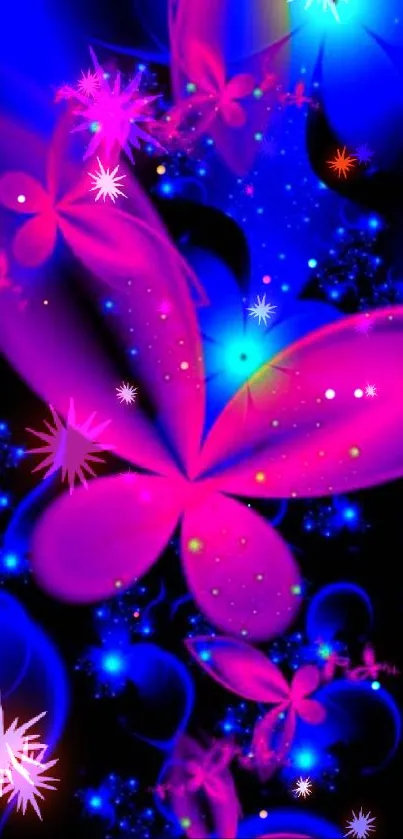 Neon pink and blue floral abstract wallpaper.