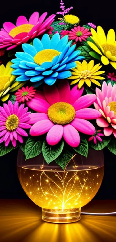 Vivid floral artwork with colorful flowers in a glowing vase against a dark background.