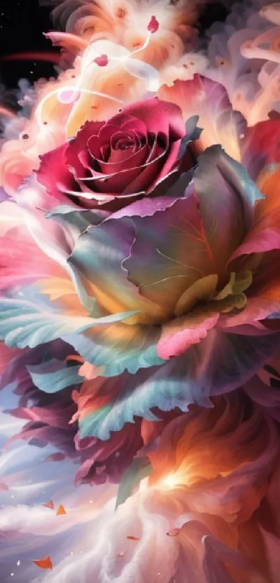 Vivid floral art wallpaper with a colorful rose in swirling hues.