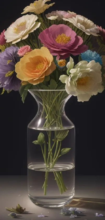 Vibrant floral bouquet in a clear glass vase against a dark background.