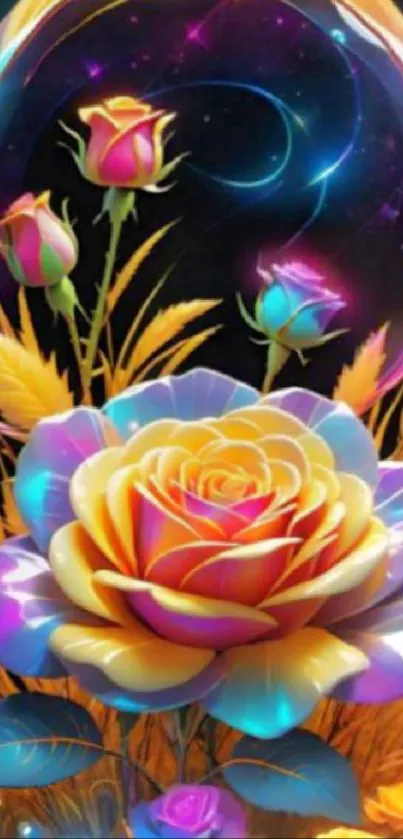 Vibrant digital art with colorful roses and neon accents, perfect for mobile screens.