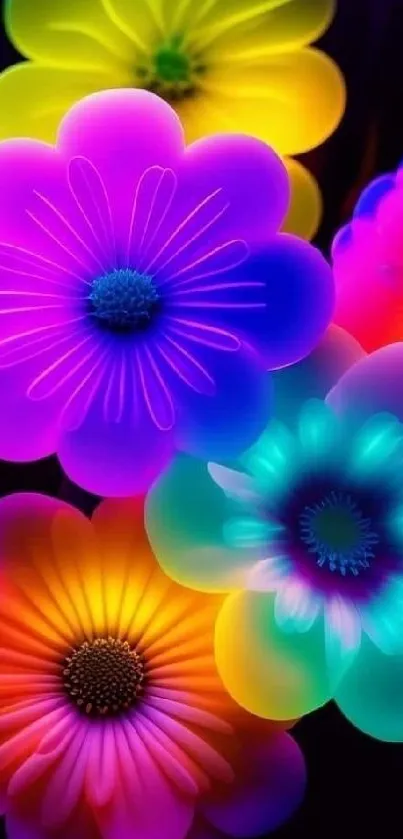 Vivid neon flowers digital wallpaper in purple hues.