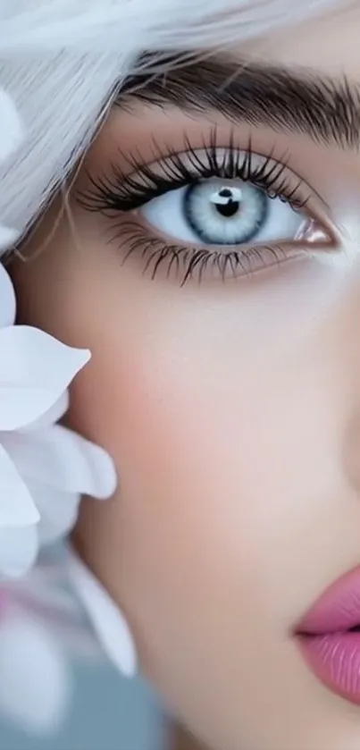 Close-up of an eye with floral art.