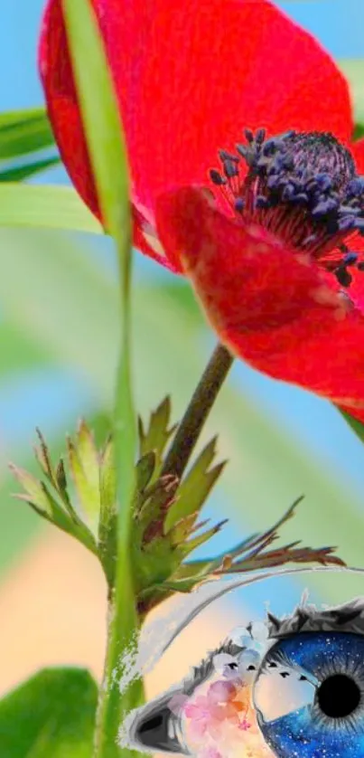 Vibrant red flower with artistic eye design in surreal wallpaper.