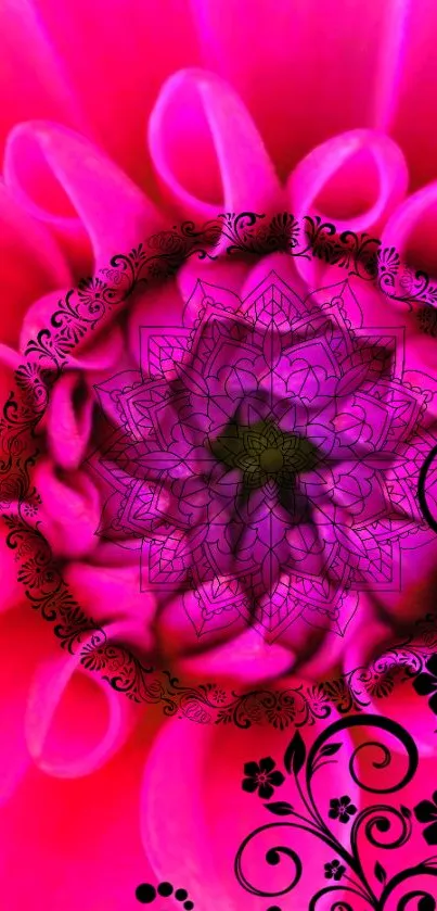 Vibrant pink floral mandala with intricate patterns.